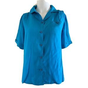 Maurada L bright royal blue 100% silk button up shirt vintage 90s women’s top sh